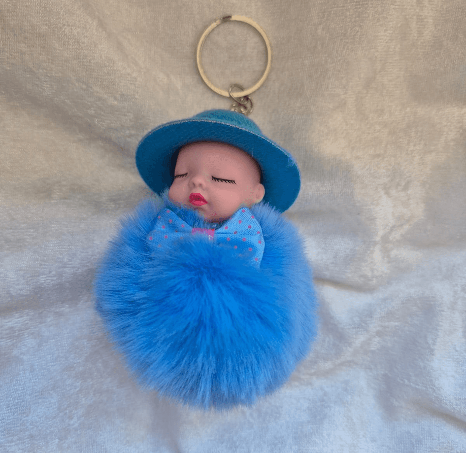 Sevimli ponpon mavi şapkalı bebek anahtarlık çanta aksesuarı