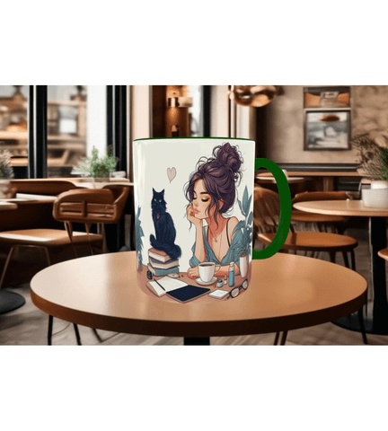 Kahve, kitap, kedi, huzur kaliteli çay kahve kaliteli porselen kupa