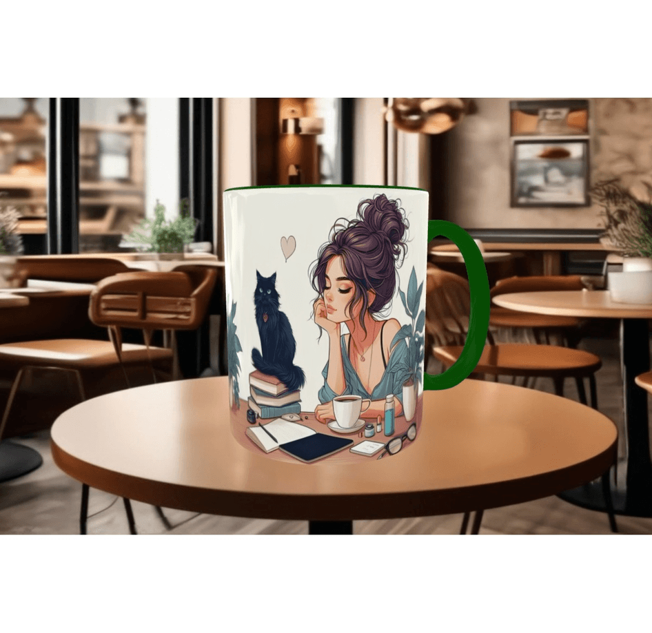 Kahve, kitap, kedi, huzur kaliteli çay kahve kaliteli porselen kupa