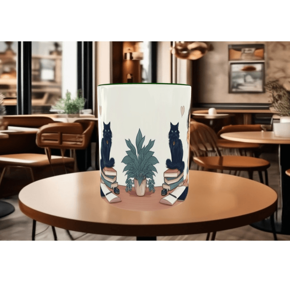 Kahve, kitap, kedi, huzur kaliteli çay kahve kaliteli porselen kupa