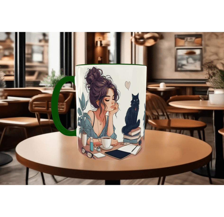 Kahve, kitap, kedi, huzur kaliteli çay kahve kaliteli porselen kupa