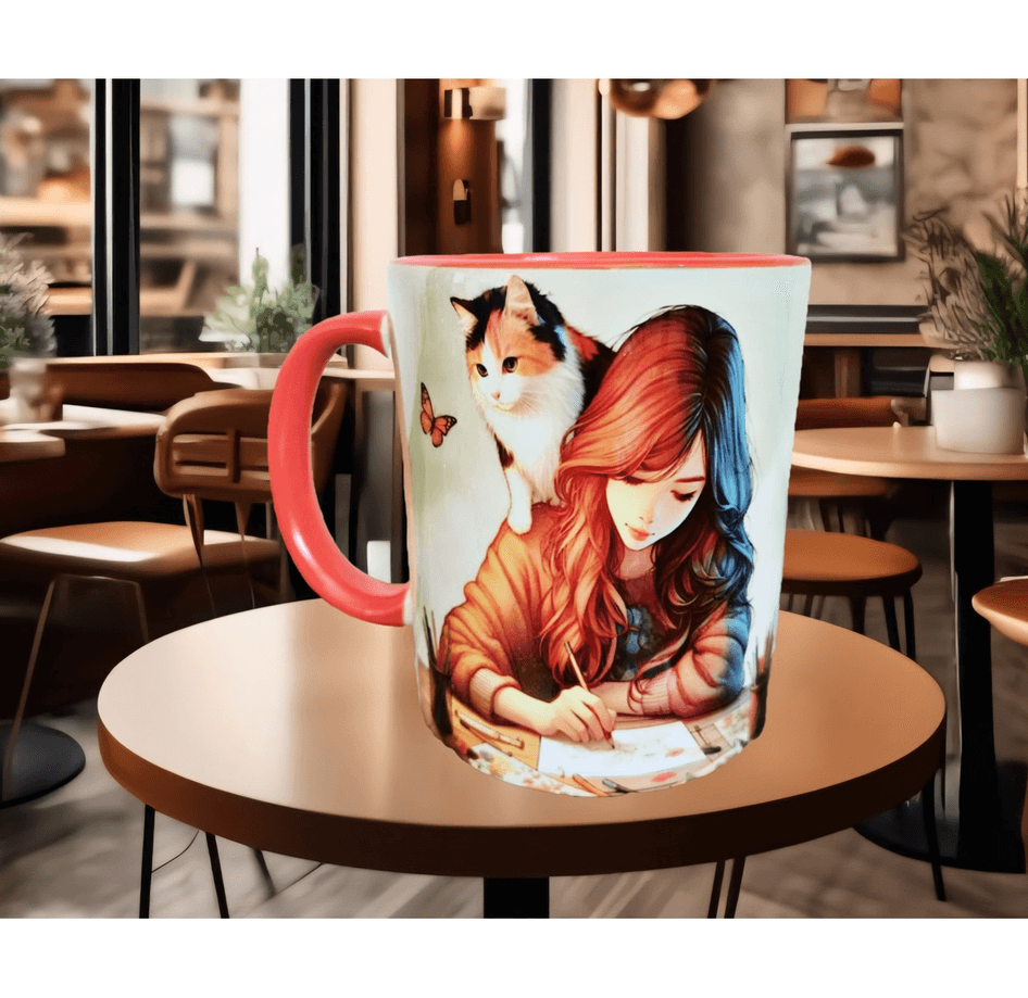 Kahve, kitap, kedi, kelebek huzur baskı hediyelik kaliteli porselen kupa