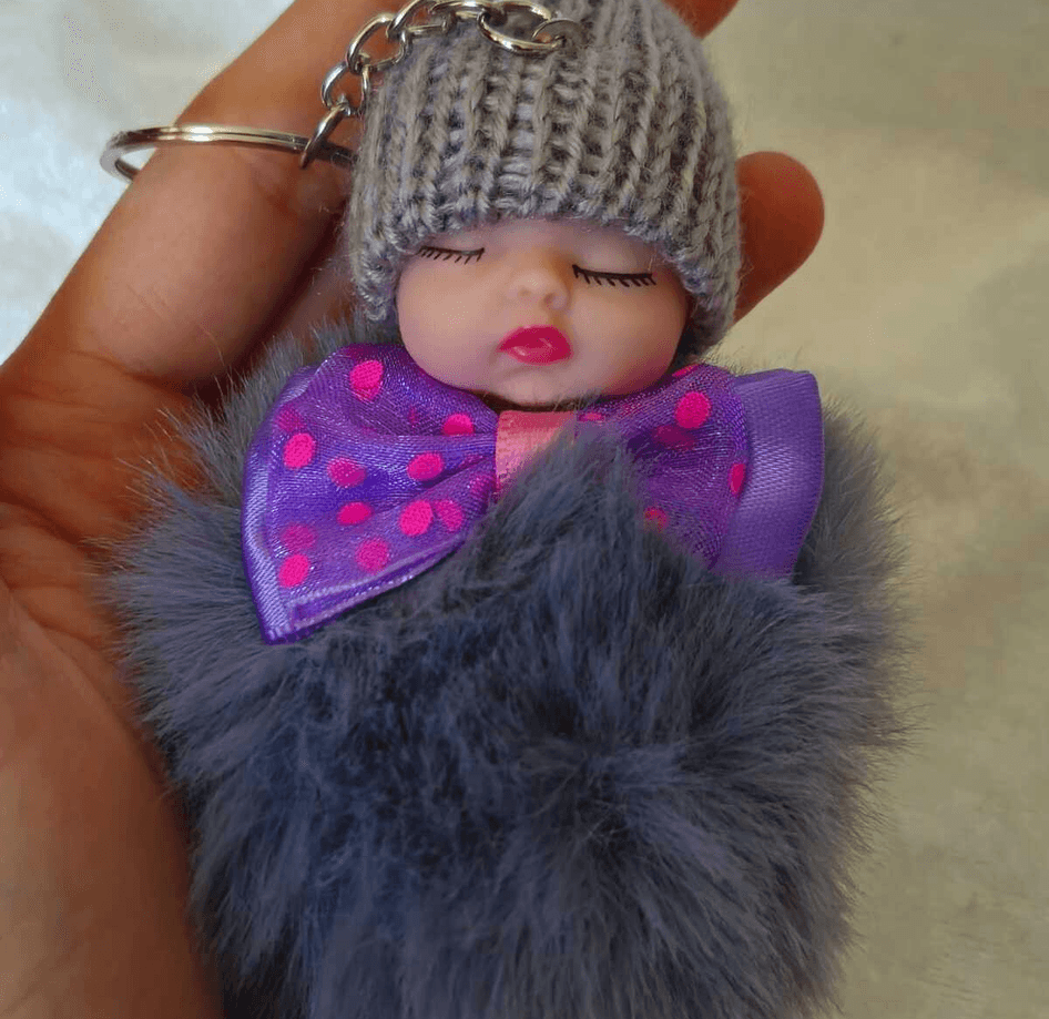 Sevimli ponpon bebek gri anahtarlık çanta aksesuarı