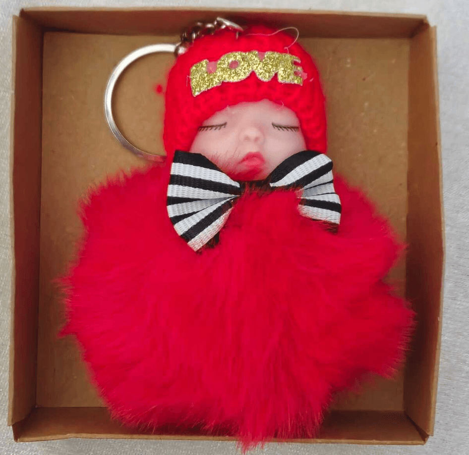 Sevimli ponpon bebek kırmızı anahtarlık çanta aksesuarı
