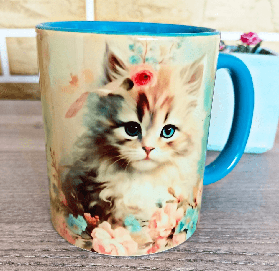 Sevimli kedi vintage baskı büyük boy porselen kupa