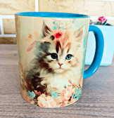 Sevimli kedi vintage baskı büyük boy porselen kupa