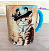 Sevimli kedi vintage baskı büyük boy porselen kupa