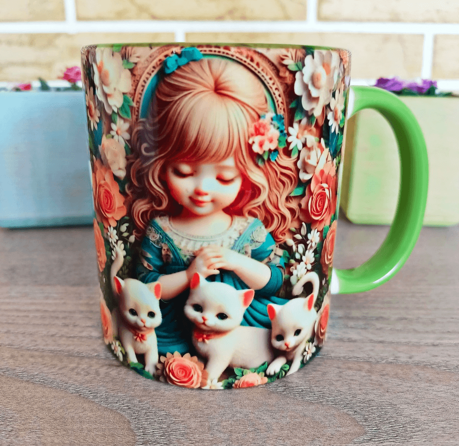 Kedili kız baskı büyük boy porselen kupa