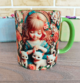 Kedili kız baskı büyük boy porselen kupa