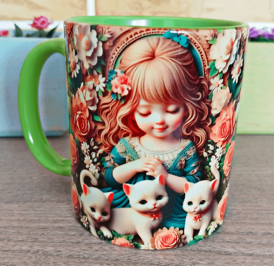 Kedili kız baskı büyük boy porselen kupa