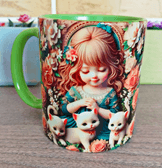 Kedili kız baskı büyük boy porselen kupa