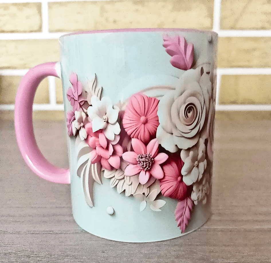 Pembe çiçekler baskı büyük boy porselen kupa