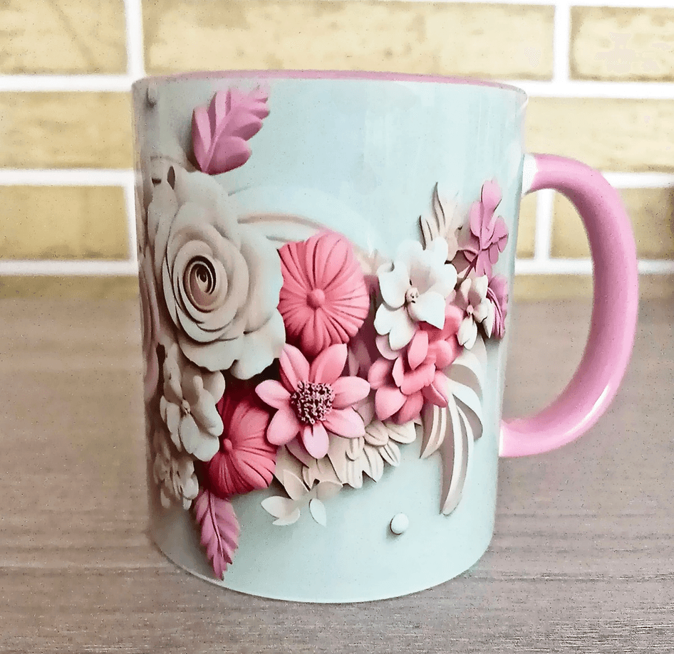 Pembe çiçekler baskı büyük boy porselen kupa