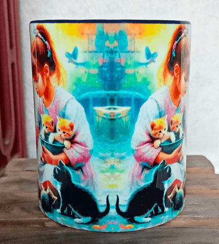 Kedili kız vintage baskı porselen kupa