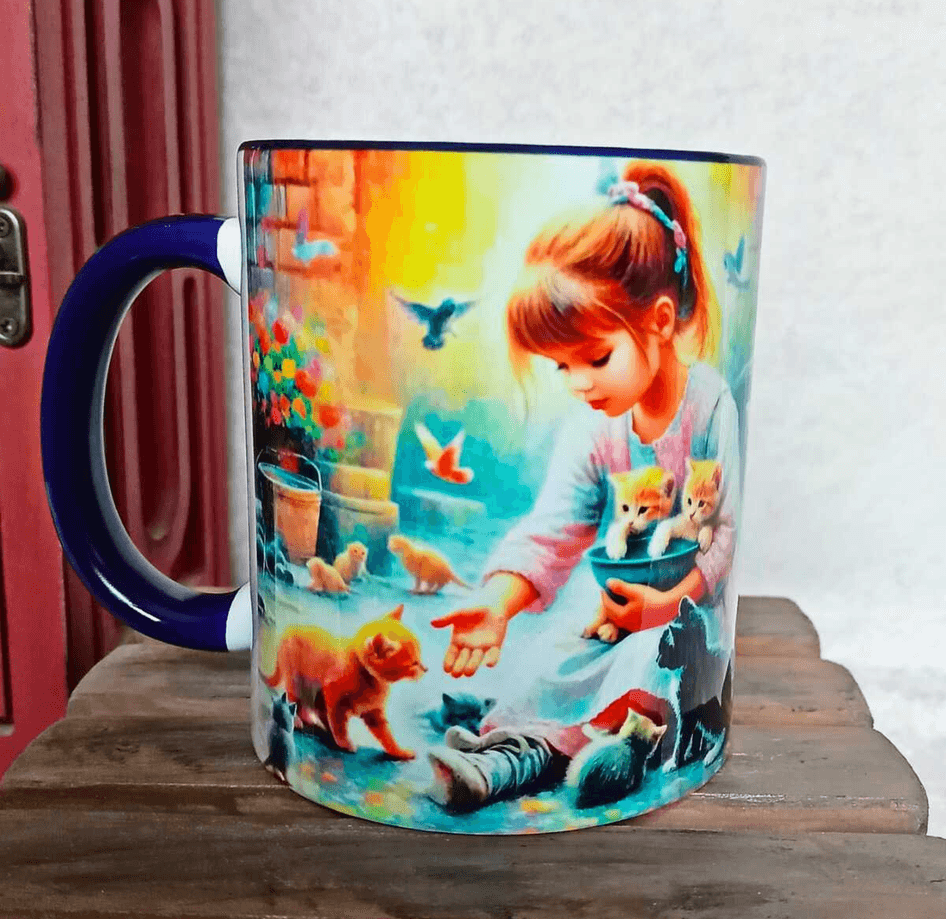 Kedili kız vintage baskı porselen kupa