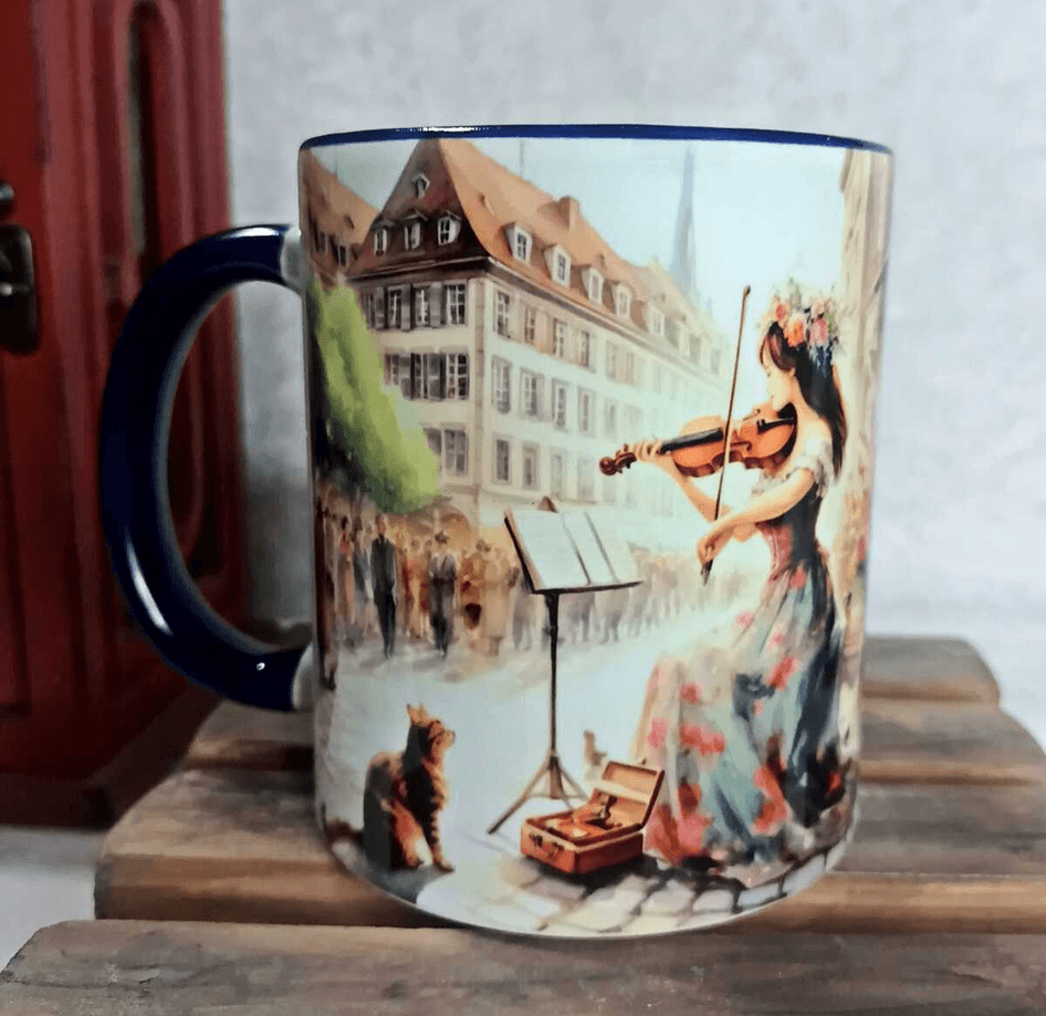 Kemancı kız vintage baskı büyük boy porselen kupa