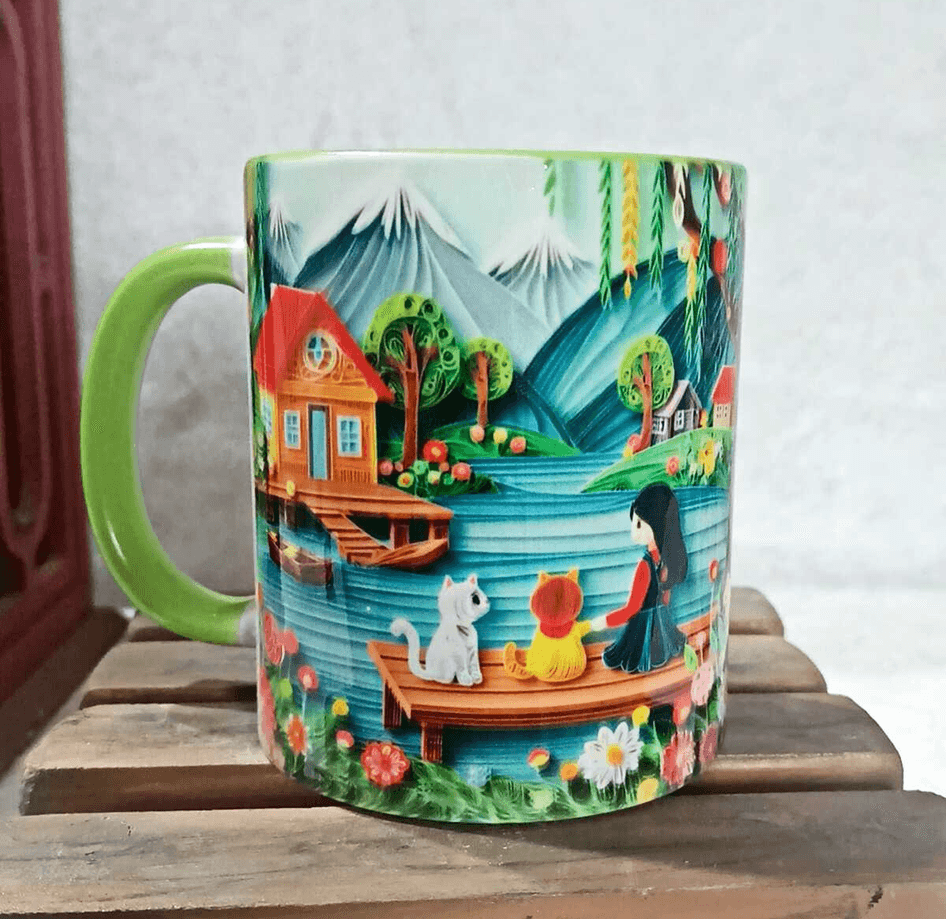 Göl keyfi vintage baskı büyük boy porselen kupa