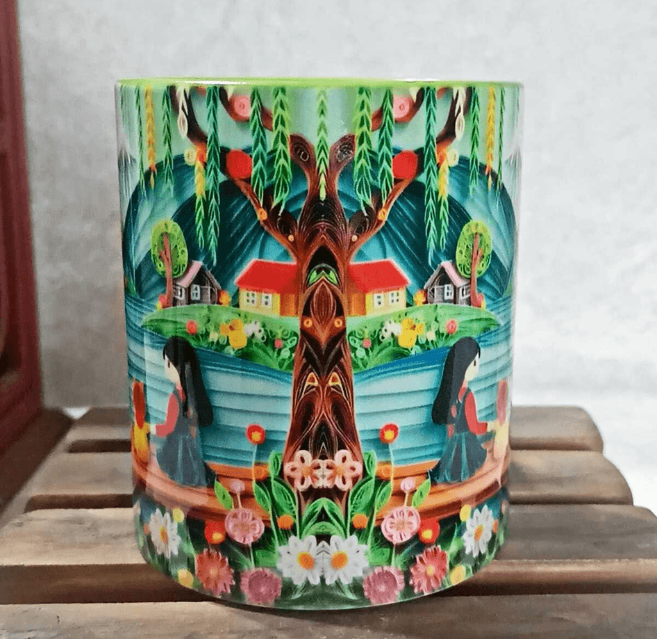 Göl keyfi vintage baskı büyük boy porselen kupa