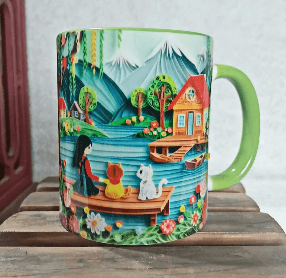 Göl keyfi vintage baskı büyük boy porselen kupa