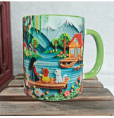 Göl keyfi vintage baskı büyük boy porselen kupa