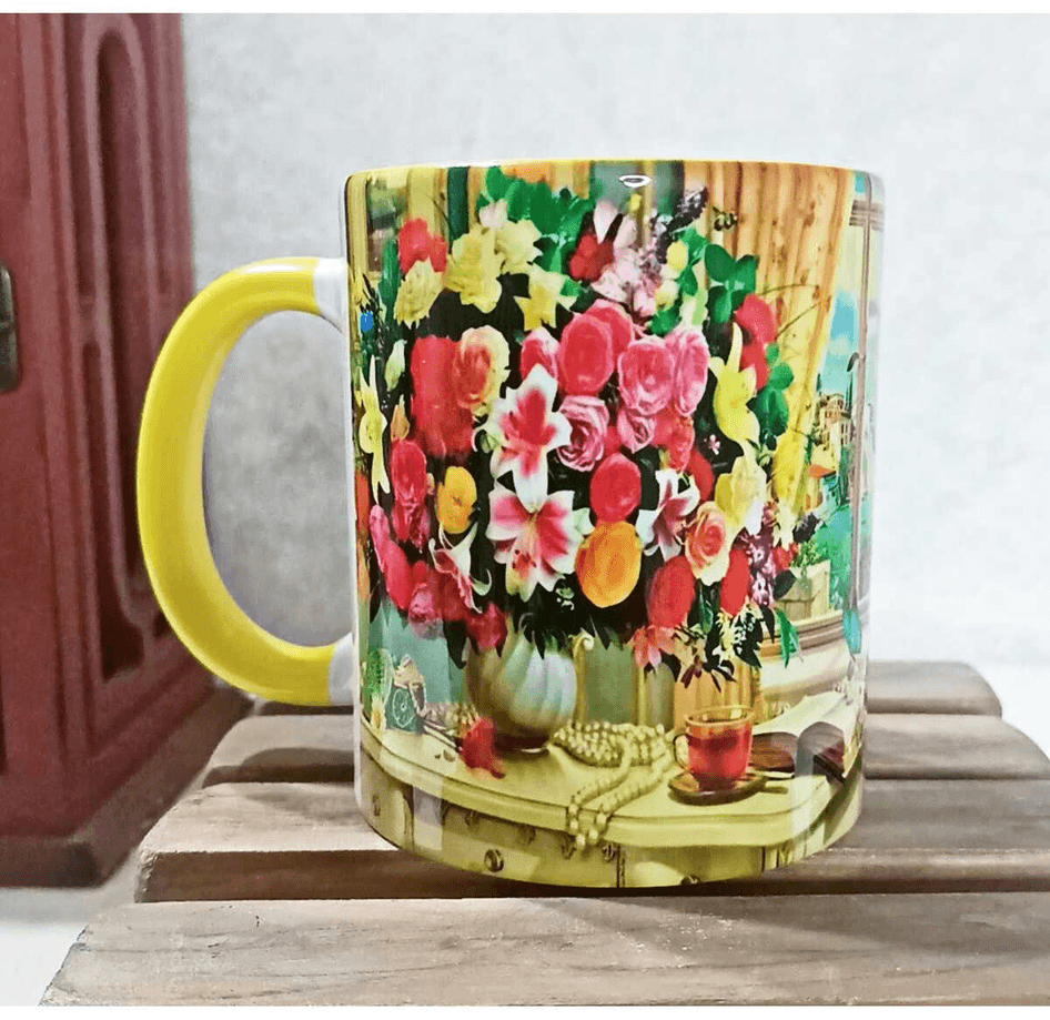 Cam önündeki çiçekler vintage baskı büyük boy porselen kupa