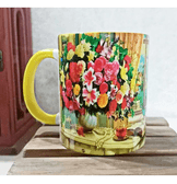 Cam önündeki çiçekler vintage baskı büyük boy porselen kupa