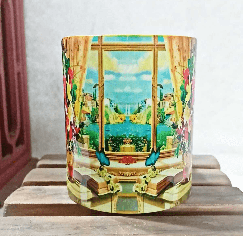 Cam önündeki çiçekler vintage baskı büyük boy porselen kupa