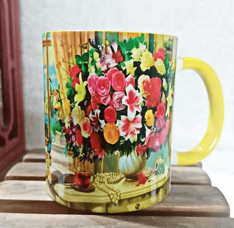 Cam önündeki çiçekler vintage baskı büyük boy porselen kupa