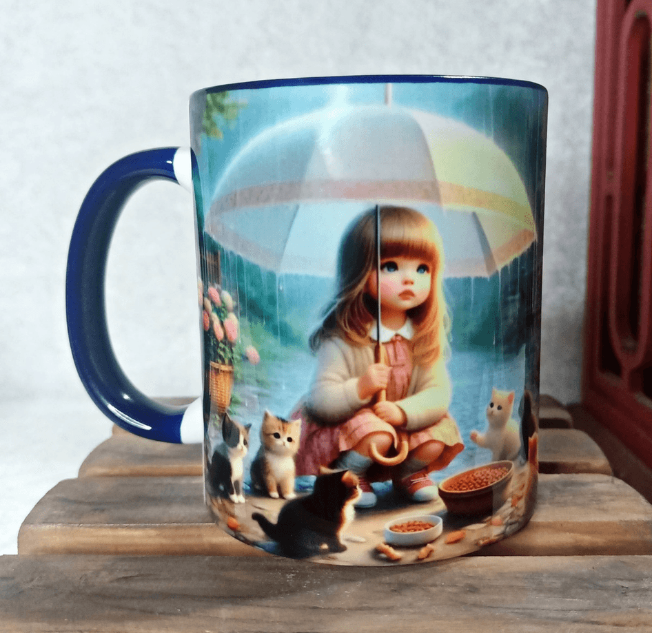 Kedili kız vintage baskı büyük boy porselen kupa