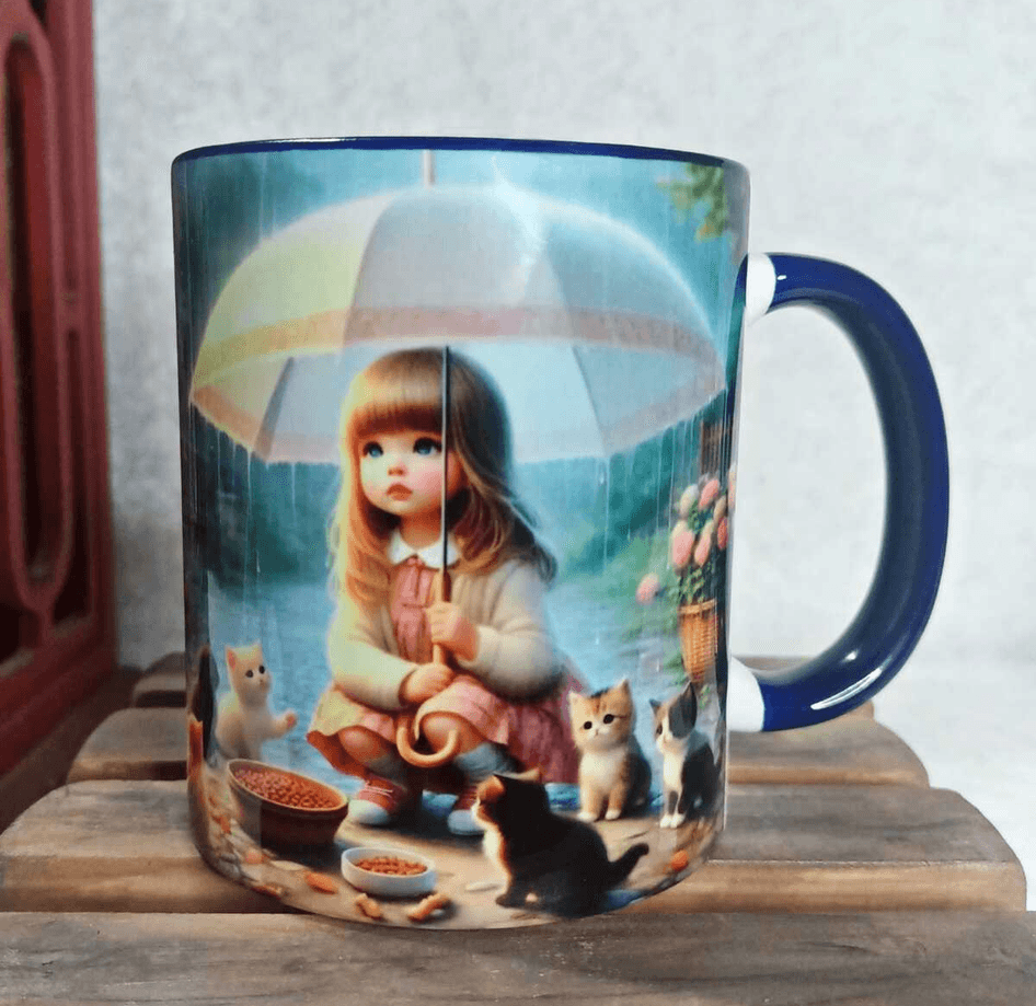 Kedili kız vintage baskı büyük boy porselen kupa