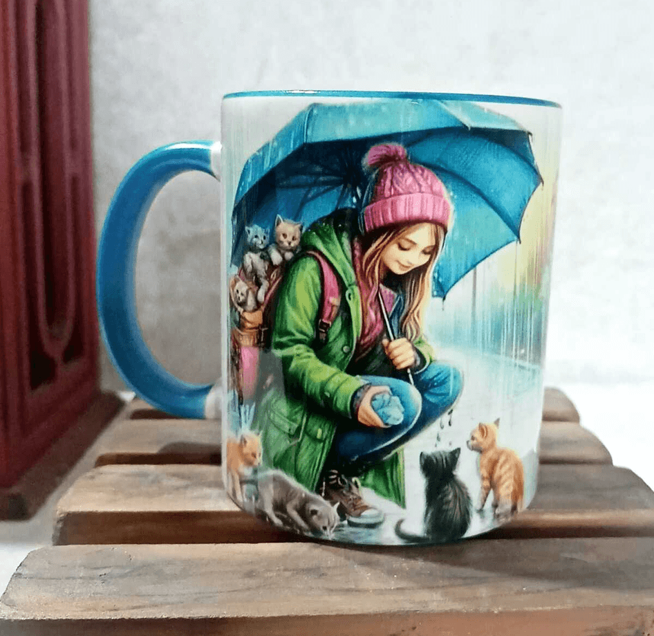 Kedili kız vintage baskı büyük boy porselen kupa