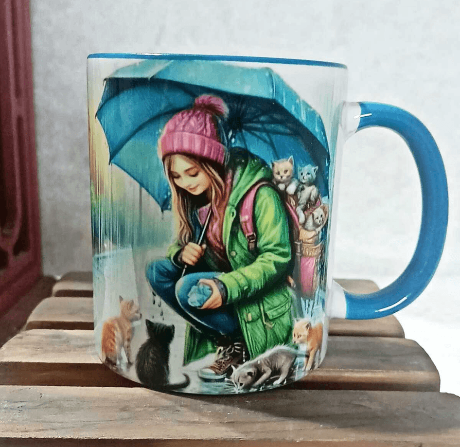 Kedili kız vintage baskı büyük boy porselen kupa