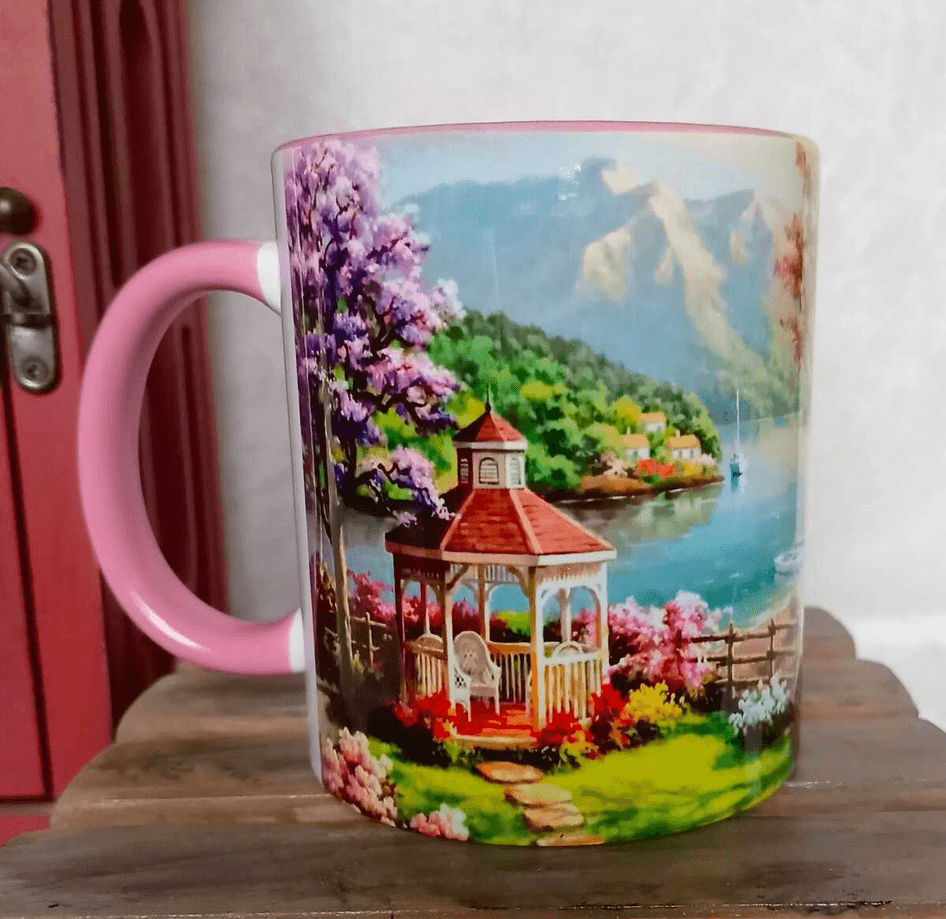 Göl kenarı vintage baskı büyük boy porselen kupa