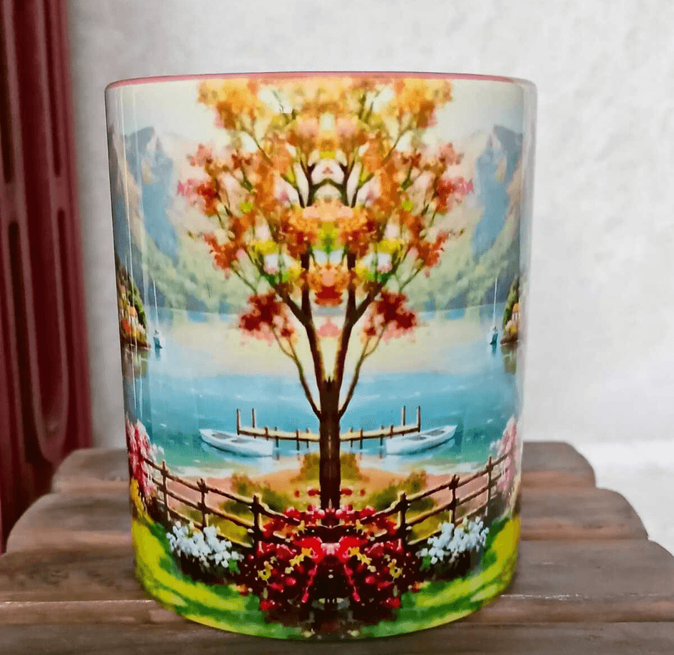 Göl kenarı vintage baskı büyük boy porselen kupa