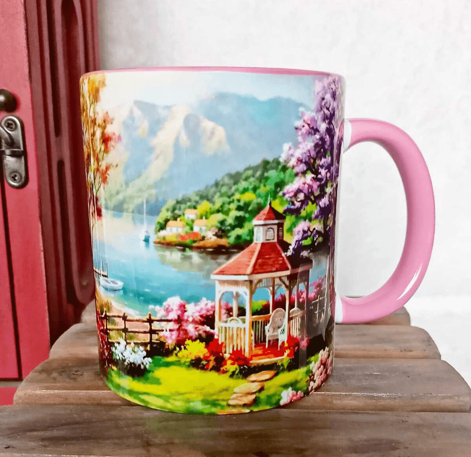 Göl kenarı vintage baskı büyük boy porselen kupa