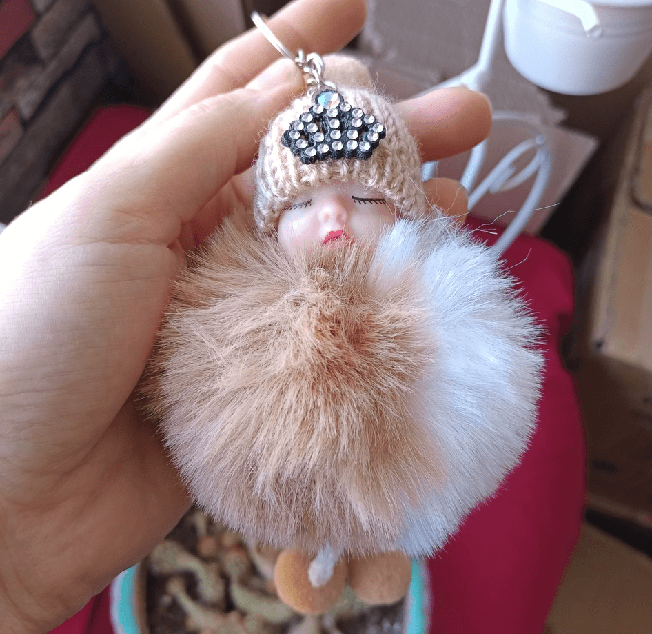 Sevimli ponpon bebek kahverengi anahtarlık çanta aksesuarı