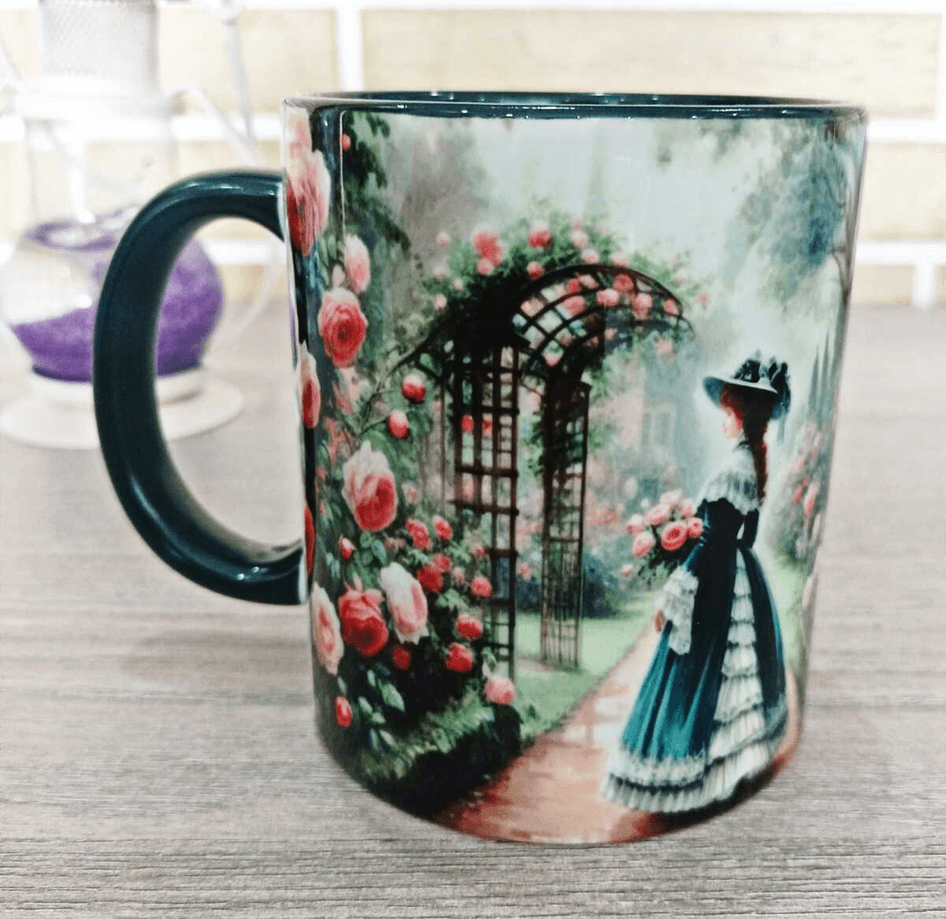 Çiçekli yol vintage baskı büyük boy porselen kupa