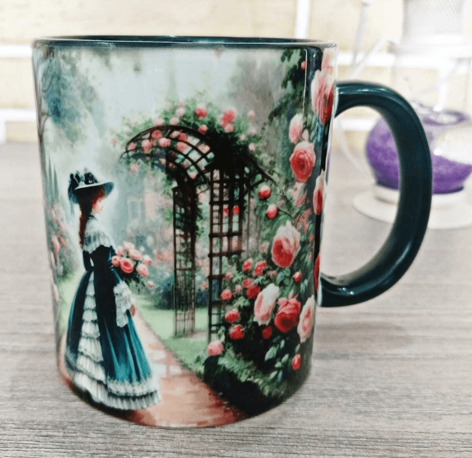 Çiçekli yol vintage baskı büyük boy porselen kupa