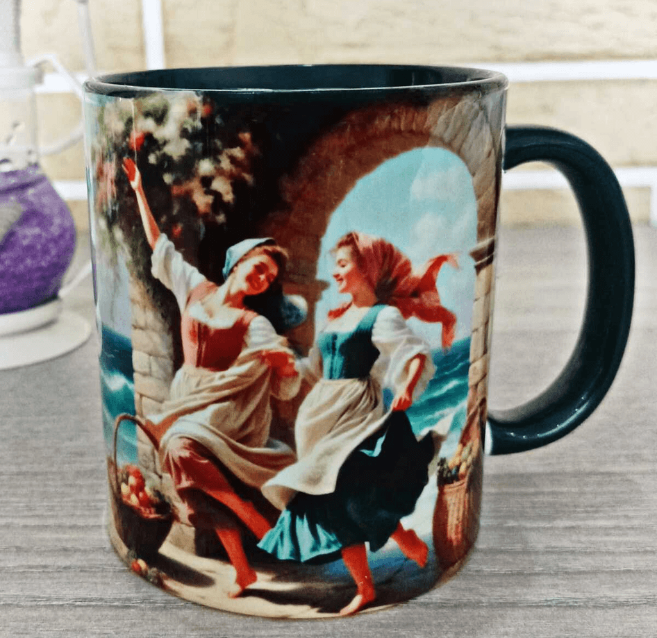 Şen kızlar vintage baskı büyük boy porselen kupa