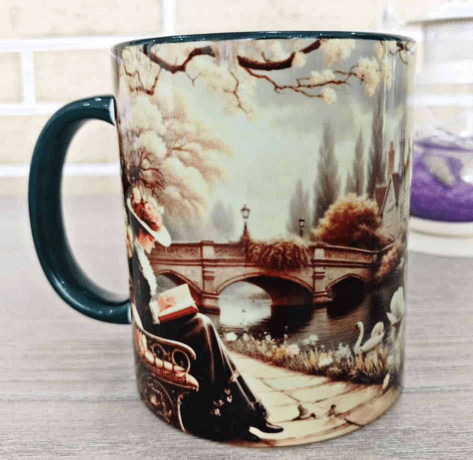 Kuğulu göl vintage baskı büyük boy porselen kupa