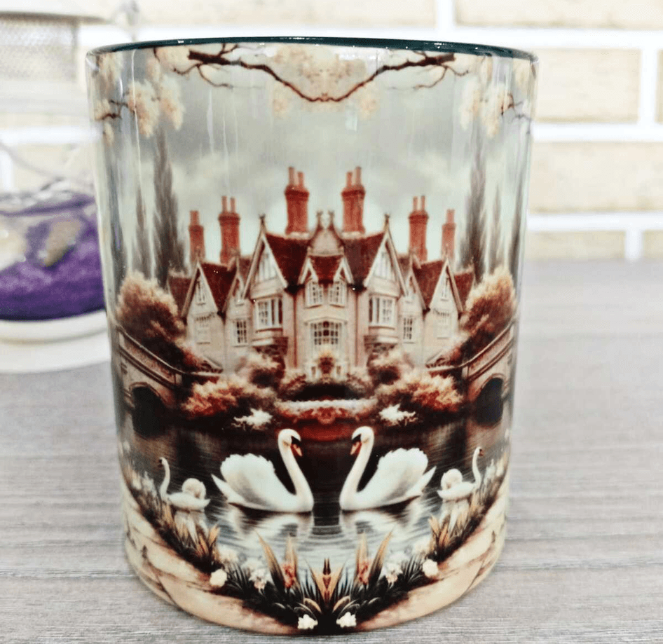 Kuğulu göl vintage baskı büyük boy porselen kupa