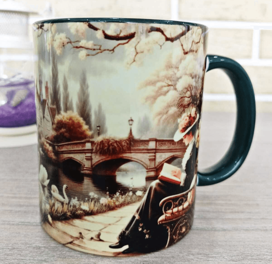 Kuğulu göl vintage baskı büyük boy porselen kupa