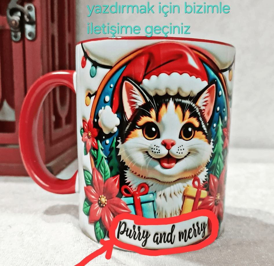 Noel Cat Yılbaşı Kişiselleştirilebilir Porselen Kupa