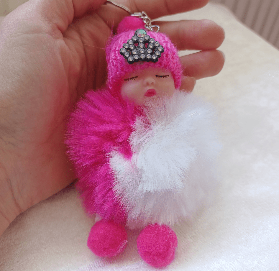 Sevimli ponpon bebek koyu pembe anahtarlık çanta aksesuarı