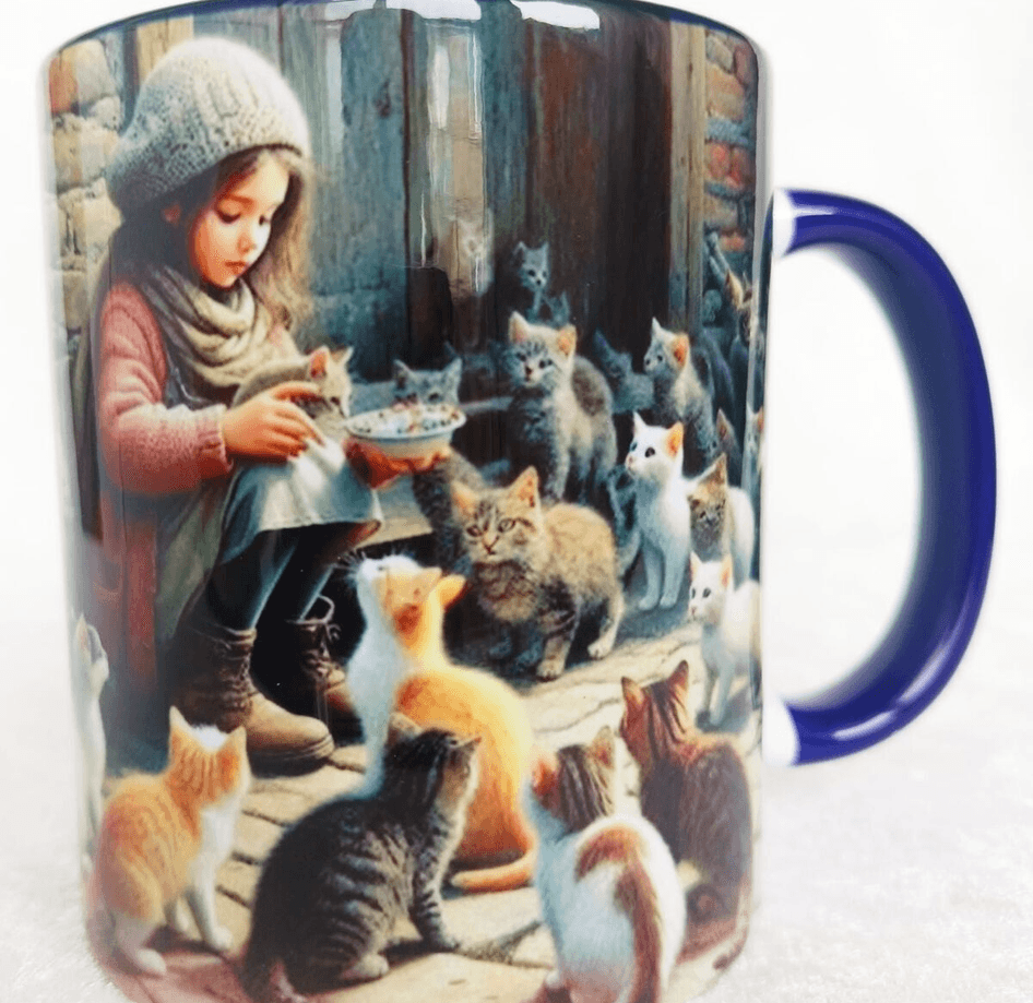 Kedili kız vintage baskı büyük boy kupa