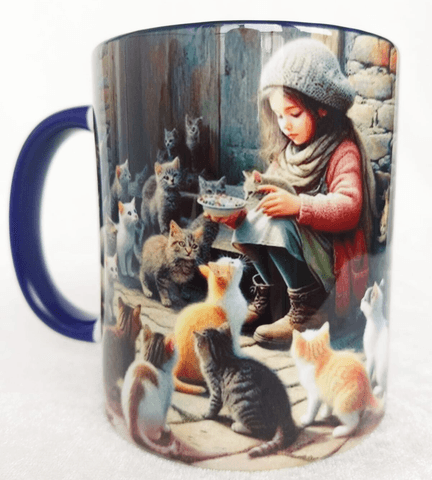 Kedili kız vintage baskı büyük boy kupa