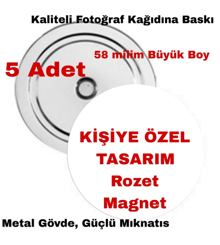 Kişiye özel 5 adet rozet magnet, Büyük boy kaliteli baskı