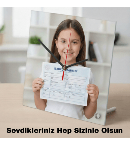 Kişiye özel baskı cam masa saati hediyelik kaliteli