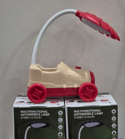 Kırmızı -krem sevimli antika araba görünümlü masa lambası, kalemlik, telefon tutacağı