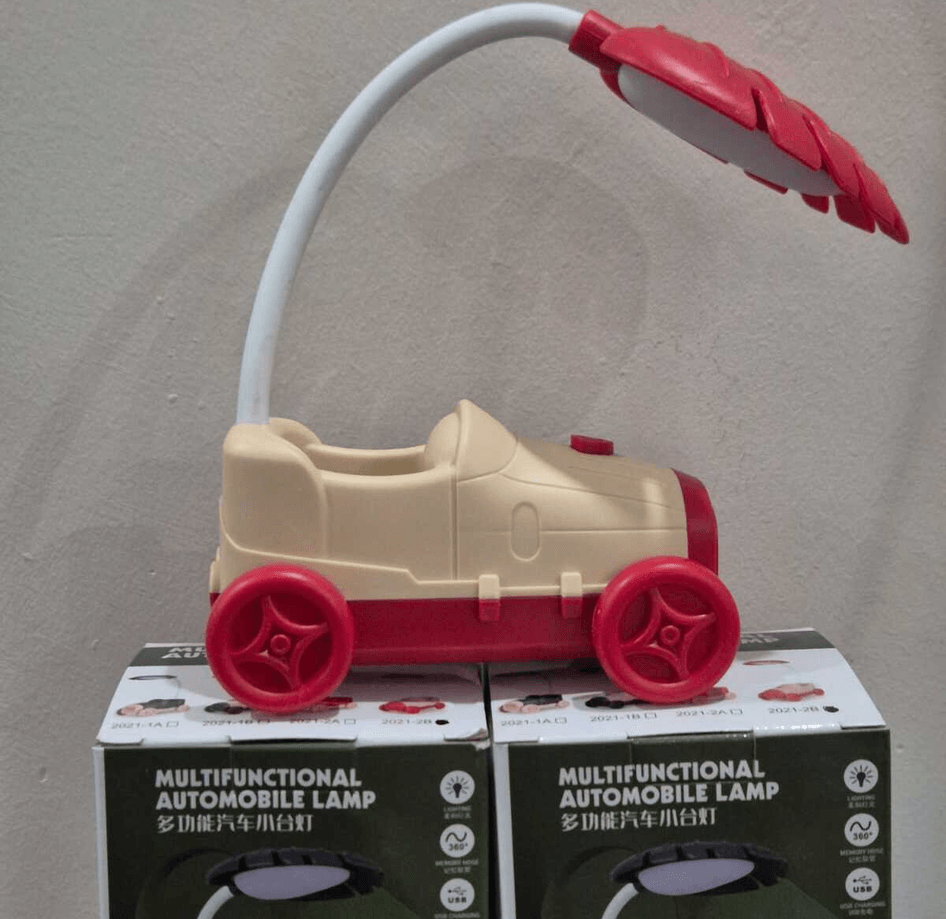 Kırmızı -krem sevimli antika araba görünümlü masa lambası, kalemlik, telefon tutacağı